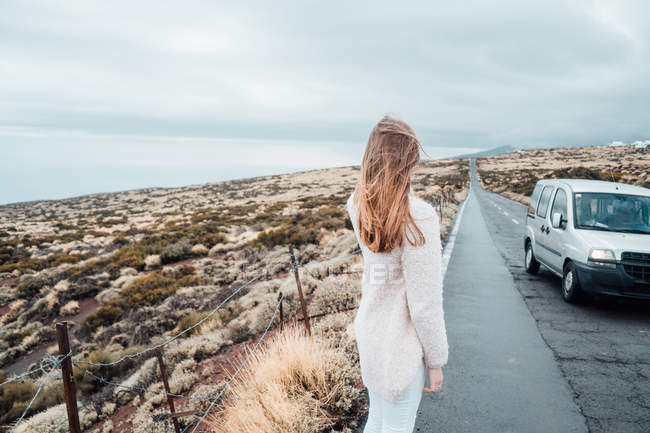 Visão traseira da menina loira na beira da estrada costeira — Fotografia de Stock