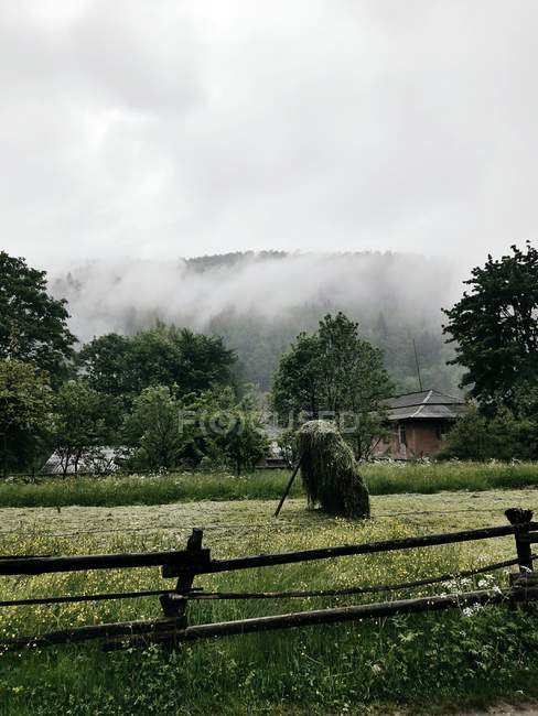 Rural farm scene of misty countryside with hay and wooden fence — Stock Photo