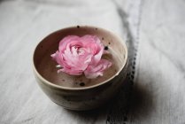 Rosa rosa broto flutuando em tigela de cerâmica na mesa — Fotografia de Stock