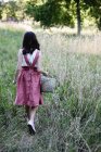 Visão traseira da menina segurando cesta de flores de lavanda no jardim do campo . — Fotografia de Stock