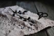 Close-up of dry branch on rustic cloth — Stock Photo