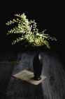 Black vase with mimosa on vintage sheet of poetry on wooden table — Stock Photo