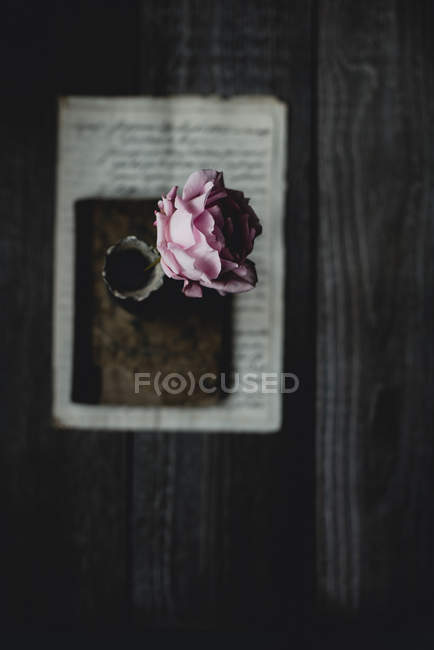 Top view of rose in vase on vintage notebook — Stock Photo