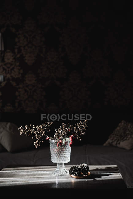 Dried branches with wild berries in glass vase in home interior — Stock Photo