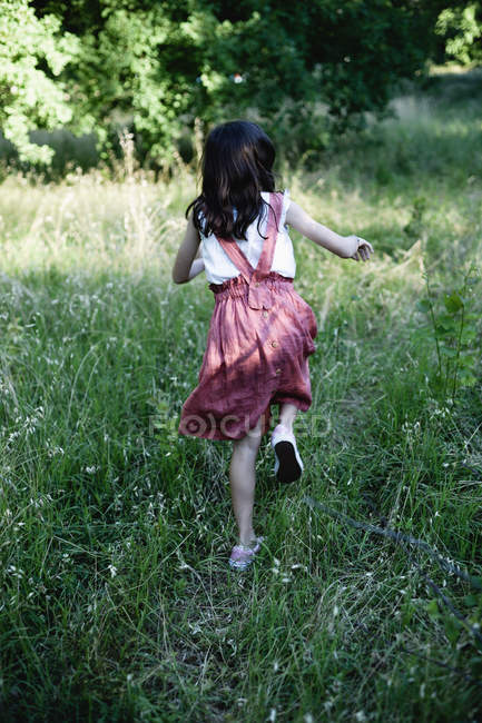 Вид сзади на девушку, бегающую по траве в сельском саду
. — стоковое фото