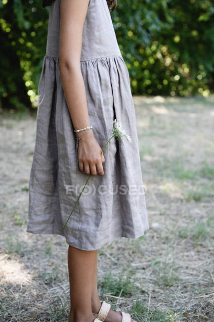 Обрезанный вид девушки-подростка в сером платье с цветком глухой морковки — стоковое фото