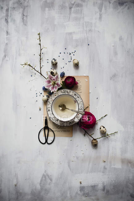 Xícara de chá vintage com copos de manteiga, flor de árvore e ovos de codorna — Fotografia de Stock