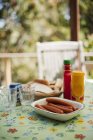 Zutaten für Hot Dogs auf dem Gartentisch — Stockfoto