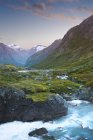 Stream with rocky shores in mountain valley at dusk — Stock Photo