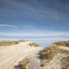 Strada sabbiosa che conduce verso il mare sotto il cielo blu — Foto stock