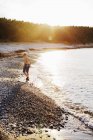 Vue arrière du garçon marchant sur la plage au coucher du soleil — Photo de stock