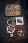 Top view of Pizza ingredients on table and on tray — Stock Photo