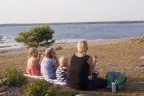 Vista trasera de la familia teniendo picnic en la playa - foto de stock
