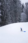 Junge läuft auf schneebedecktem Hügel und zieht Schlitten — Stockfoto
