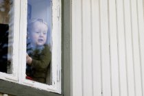 Вид спереду хлопчика, який дивиться через вікно — стокове фото