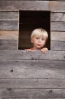 Boy looking through tree house window — Stock Photo