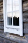 Nahaufnahme eines Blockhausfensters mit Reflexion von Bäumen — Stockfoto