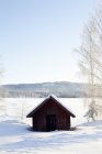 Небольшая деревянная хижина в зимнем пейзаже — стоковое фото