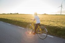 Хлопчик їде на велосипеді в сонячний день — стокове фото