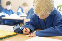 View of schoolboy in classroom, focus on foreground — Stock Photo