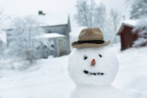 Primo piano di pupazzo di neve con cappello in inverno — Foto stock