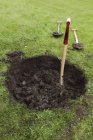 Підвищений вид лопати в землі на зеленому полі — стокове фото