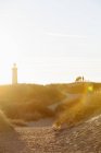 Silhouetted group of people and lighthouse in sunset light — Stock Photo