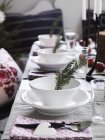 Крупный план белых тарелок с рождественскими украшениями — стоковое фото