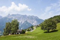 Maisons de village sur vallée verdoyante avec vue montagnes — Photo de stock