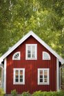 Красный деревянный дом из фалу в пышной зелени — стоковое фото