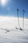 Ski poles and skis on snowcapped hill in bright sunlight — Stock Photo