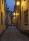 Casas con faroles iluminando calle por la noche - foto de stock