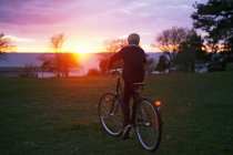 Vue arrière du garçon à vélo au coucher du soleil — Photo de stock