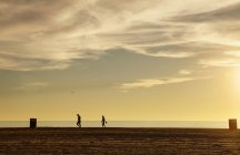Silhouettes of people walking at sunset by sea — Stock Photo