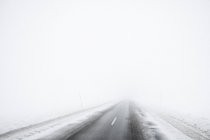 Дорога згасає в тумані в критому снігу ландшафті — стокове фото