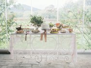 Стол подается с тортами и растениями в горшке — стоковое фото