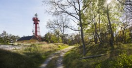 Vue du phare et du bâtiment dans un paysage rural verdoyant — Photo de stock