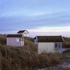 Cabanes de plage authentiques avec de l'herbe haute le soir — Photo de stock