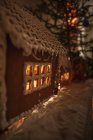 Illuminated gingerbread house beside fir tree — Stock Photo