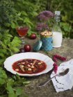 Plate of plum puree and almonds on stone outdoors — Stock Photo