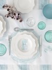 High angle view of table decorated in white and blue — Stock Photo