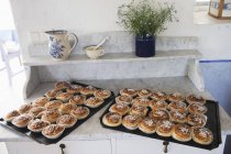 Trays full of fresh baked buns on kitchen counter — Stock Photo