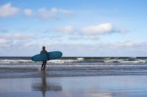 Vista trasera del surfista en traje de neopreno en la playa - foto de stock