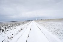 Scena invernale rurale con turbine eoliche — Foto stock