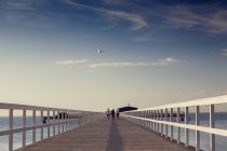 Frauen gehen auf Seebrücke, schwindende Perspektive — Stockfoto