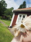 Menina com flor no cabelo loiro, foco seletivo — Fotografia de Stock