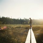 Boy standing on overpass going through meadow towards forest — Stock Photo