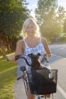 Mulher de bicicleta com cão na cesta de bicicleta — Fotografia de Stock