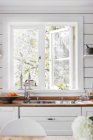 Spüle durch weißes Fenster in der heimischen Küche — Stockfoto