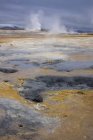 Dampf über heißen Quellen mit Gebirgskette in Island — Stockfoto